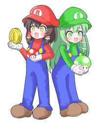  +_+ 1-up_mushroom 2girls :d black_hair blue_overalls blush brown_shoes clothes_writing coin commentary cosplay excited frilled_hair_tubes frills full_body gloves green_eyes green_hair green_hat green_shirt hair_tubes hakurei_reimu hat highres holding holding_coin initial kochiya_sanae long_hair long_sleeves luigi luigi_(cosplay) mario mario_(cosplay) medium_hair multiple_girls open_mouth overalls peaked_cap red_hat red_shirt shirt shoes simple_background smile standing super_mario_bros. super_mushroom touhou turtleneck turtleneck_shirt white_background white_gloves zenji029 