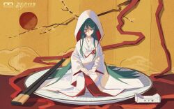  1girl absurdly_long_hair blood blood_on_face branch chinese_commentary chinese_knot chopstick_rest chopsticks commentary_request folding_fan green_eyes green_hair hair_flaps hair_spread_out hand_fan highres holding holding_fan japanese_clothes kimono long_hair looking_at_viewer on_plate plate red_sun saya_(saya_no_uta) saya_no_uta seiza shiromuku sidelocks sitting sketch smile solo uchikake unfinished very_long_hair wataboushi white_kimono wide_sleeves xiao_ke 