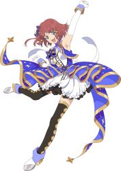  1girl arm_up armpits artist_request black_thighhighs blue_dress blue_eyes blue_ribbon breasts dress elbow_gloves full_body game_cg gloves hair_ornament highres idol idol_clothes looking_at_viewer medium_breasts official_alternate_costume official_art open_mouth red_hair ribbon rose_(tales) shoes short_hair smile solo standing standing_on_one_leg tales_of_(series) tales_of_asteria tales_of_zestiria thigh-highs thighs third-party_source transparent_background white_dress white_gloves white_shoes 