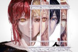  2girls 3boys angel_devil_(chainsaw_man) black_hair blonde_hair blue_eyes brown_eyes chainsaw_man denji_(chainsaw_man) doeun_o_o eyelashes halo hayakawa_aki long_hair makima_(chainsaw_man) medium_hair multiple_boys multiple_girls orange_eyes orange_hair pale_skin pink_hair power_(chainsaw_man) red_hair ringed_eyes short_hair yellow_eyes 