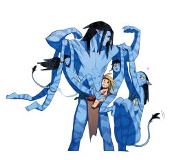  3boys 3girls abs absurdres alien animal_ears avatar:_the_way_of_water black_hair blue_skin breasts brown_hair carrying carrying_multiple_people carrying_person colored_skin commentary_request double_biceps_pose dreadlocks duak_(halcyon1751111) family father_and_daughter father_and_son flexing gas_mask happy height_difference highres husband_and_wife jake_sully james_cameron's_avatar kiri_(avatar) korean_commentary lo'ak loincloth mask multiple_boys multiple_girls muscular muscular_male na'vi neytiri pectorals pelvic_curtain small_breasts spider_(avatar) strong tail topless_female topless_male tuktirey 