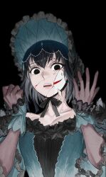  1girl black_background black_eyes black_gloves black_hair bonnet broken_mask brown_gloves clenched_hand commentary dress elbow_gloves empty_eyes evil_smile fate/grand_order fate_(series) gjtthflmaster gloves gothic_lolita green_bonnet green_dress green_wrist_cuffs hair_between_eyes hands_up kuonji_alice kuonji_alice_(third_ascension) lolita_fashion looking_down mask open_mouth short_hair simple_background smile teeth three-quarter_sleeves upper_body upper_teeth_only wrist_cuffs 