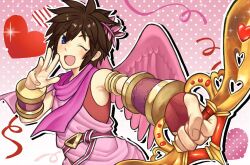  1boy ;d angel angel_wings armlet armpits belt blue_eyes bow_(weapon) bracer brown_hair english_commentary feathered_wings fingerless_gloves gloves gold_armlet heart highres holding holding_bow_(weapon) holding_weapon jewelry kid_icarus kid_icarus_uprising laurel_crown male_focus one_eye_closed pink_belt pink_wings pit_(kid_icarus) red_gloves smile solo spiky_hair weapon wings winnie6890 