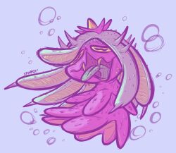  artist_name bubble fangs galar-abortion-clinic grey_background mareanie no_humans open_mouth pokemon pokemon_(creature) simple_background solo spikes tongue tongue_out 