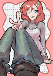  absurdres blush brown_shoes camisole commentary_request frills green_pants grey_shirt hand_on_floor hand_on_own_knee highres long_hair long_sleeves love_live! love_live!_school_idol_project nishikino_maki on_floor one_eye_closed pants pink_camisole red_hair shirt shoes simple_background sitting smile tanaka_yaku teeth v violet_eyes 