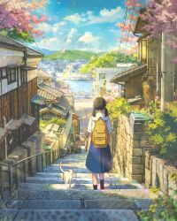  1girl backpack bag bird black_hair black_socks blue_skirt blue_sky building cat cherry_blossoms city clouds commentary_request day harbor highres house medium_hair morning mountainous_horizon original outdoors pleated_skirt power_lines ryowelcome1 sailor_collar school_uniform serafuku shirt skirt sky socks solo stairs stone_wall tree twintails vanishing_point walking white_bird white_cat white_sailor_collar white_serafuku white_shirt 