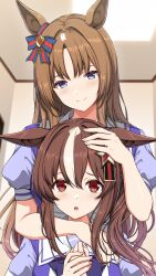 2girls absurdres animal_ears blue_eyes blush bow bowtie brown_hair closed_mouth ear_bow ear_ornament ear_ribbon grass_wonder_(umamusume) highres horse_ears horse_girl long_hair multicolored_hair multiple_girls parted_lips personification puffy_short_sleeves puffy_sleeves purple_bow purple_bowtie purple_shirt sailor_collar sailor_shirt school_uniform sheita shirt short_sleeves smile tracen_school_uniform umamusume white_hair white_sailor_collar wonder_again_(racehorse) 