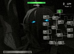  1boy anglerfish_boy blue_eyes br_not_here camera_feed dark english_text film_grain fins fish_boy five_nights_at_freddy's glowing glowing_eyes head_fins heavy_film_grain highres illicium looking_at_viewer male_focus monster_boy pressure_(roblox) sebastian_solace solo upper_body 