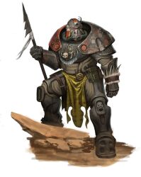  1other armor belt bojler bone_necklace brown_belt commentary dog_tags english_commentary fallout fallout_2 feathers full_armor full_body helmet highres holding holding_polearm holding_weapon loincloth o-ring other_focus polearm power_armor_(fallout) radio science_fiction simple_background skull solo spear standing star_(symbol) the_chosen_one thigh_belt thigh_strap tribal weapon white_background 