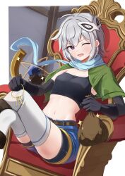  1girl ;d absurdres ahoge belt black_gloves black_sleeves black_tank_top blue_scarf blue_shorts boots border breasts brown_belt brown_boots capelet chair chris_(konosuba) commentary_request crop_top detached_sleeves dutch_angle earrings elbow_gloves eye_mask gloves green_capelet grey_hair hair_between_eyes highres holding_keyring indoors jewelry keyring knee_boots kono_subarashii_sekai_ni_shukufuku_wo! light_blush looking_at_viewer mask mask_on_head medium_hair messy_hair midriff navel on_chair one_eye_closed outside_border sayu_(user_yjsz2885) scar scar_on_face scarf shorts sidelocks single_strap sitting skindentation small_breasts smile solo sparkle tank_top thief thigh-highs v-shaped_eyebrows violet_eyes white_border white_thighhighs zettai_ryouiki 