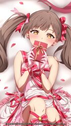 1girl ahoge archived_source bare_shoulders blush box brown_hair company_name copyright_name copyright_notice covering_own_mouth dress gift gift_box gloves hakozaki_serika heart-shaped_box highres holding holding_gift idolmaster idolmaster_million_live! idolmaster_million_live!_theater_days long_hair looking_at_viewer lying official_art official_wallpaper on_back petals pink_dress pink_gloves rose_petals sleeveless sleeveless_dress solo twintails valentine yellow_eyes 