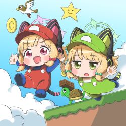  2girls :3 :o animal_ear_headphones animal_ears arms_up bird blonde_hair blue_archive blue_shirt blue_shoes blue_sky blush brick buttons cat_ear_headphones cat_ears chibi chibi_only clouds coin commentary_request cosplay fake_animal_ears green_eyes green_halo green_hat green_overalls halo hat headphones highres jitome jumping long_sleeves low-tied_sidelocks luigi luigi_(cosplay) mario mario_(cosplay) midori_(blue_archive) mihune momoi_(blue_archive) multiple_girls open_mouth overalls pink_eyes pink_halo red_hat red_overalls shirt shoes siblings sidelocks sisters sky star_(symbol) super_mario_bros. super_mario_bros._1 turtle twins white_shirt 