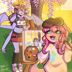  1girl animal_ears arkanis arthropod_girl artist_name bat_ears beret black_sclera brown_hair colored_sclera colored_skin dante_will dante_will_(spider) dress extra_arms extra_eyes fingernails fox fox_on_head ghost ghost_tail hat highres holding holding_paint_palette holding_paintbrush indie_virtual_youtuber iris_(arkanis) long_hair long_sleeves monster_girl paint_on_clothes paint_palette paintbrush picture_frame pink_skin portuguese_commentary purple_skin shirt smile spider_girl star-shaped_pupils star_(symbol) symbol-shaped_pupils thebibighost tree virtual_youtuber wings 