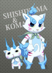 2boys :3 :o animal_ears bag black_eyes blue_fur blue_skin body_markings cape closed_mouth evolutionary_line fire full_body furry hand_on_hip hand_on_own_hip height_difference koma-san komainu looking_at_viewer male male_focus male_only marking_on_cheek markings open_mouth shishikoma simple_background size_difference striped swirl tail white_fur white_skin will-o&amp;#039;-the-wisp_(mythology) yellow_sclera youkai youkai_watch