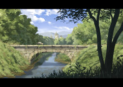  absurdres animal animal_focus blue_sky bridge canal clouds cloudy_sky commentary_request day grass highres no_humans original scenery sky sumassha_t_t tortoise tree turtle water windmill 