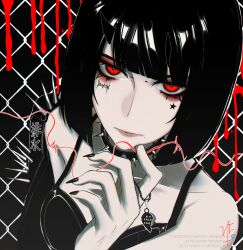  1girl absurdres black_hair blood bob_cut collar demon demon_girl facial_tattoo goth_fashion highres looking_at_viewer original pale_skin piercing portrait punk red_eyes sanpaku spiked_collar spikes tattoo vicscera 