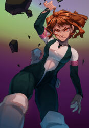  1girl black_bodysuit bodysuit boku_no_hero_academia breasts brown_eyes brown_hair cowboy_shot debris frown furrowed_brow gradient_background highres long_sleeves medium_breasts multicolored_bodysuit short_hair solo superhero_costume torn_bodysuit torn_clothes two-tone_bodysuit uraraka_ochaco vanelover white_bodysuit 