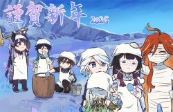  2026 2boys 5girls bandaged_hand bandages black_hair blue_eyes blue_hair closed_eyes closed_mouth columbina_(genshin_impact) commentary_request furina_(genshin_impact) genshin_impact green_eyes green_hair hair_between_eyes highres long_hair long_hair_between_eyes mallet mavuika_(genshin_impact) mochitsuki mortar_(bowl) multicolored_hair multiple_boys multiple_girls nahida_(genshin_impact) purple_hair raiden_shogun red_eyes red_hair smile squatting standing trembling two-tone_hair venti_(genshin_impact) violet_eyes white_hair xinzoruo zhongli_(genshin_impact) 