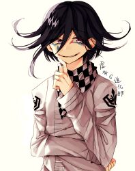  1boy belt black_scarf buttons checkered_clothes checkered_scarf commentary_request crest danganronpa_(series) danganronpa_v3:_killing_harmony double-breasted evil_smile facepaint facial_tattoo finger_to_mouth gomabu_(rirurutennsi) hair_between_eyes hand_on_own_chin hand_on_own_elbow jacket lipstick long_hair_between_eyes long_sleeves looking_at_viewer makeup male_focus oma_kokichi pants purple_hair red_lips scarf simple_background sleeves_past_wrists smile solo tattoo teardrop_tattoo translation_request two-tone_scarf upper_body violet_eyes white_background white_belt white_jacket white_pants white_scarf wrist_belt 