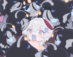  1girl 6+boys @_@ anglerfish_boy black_hair blue_eyes brown_coat chibi clone clone_harem coat colored_skin english_commentary extra_eyes fang fangs fins fish_boy grey_hair grey_skin head_fins hetero highres illicium looking_at_another monster_boy multiple_boys original pink_sweater pressure_(roblox) sebastian_solace short_hair skin_fang skin_fangs sweater too_many_clones yoona_cwc 