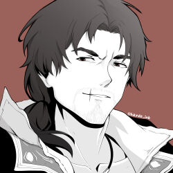  1boy absurdres assassin's_creed_(series) assassin's_creed_ii beard_stubble brown_background brown_eyes ezio_auditore_da_firenze facial_hair greyscale_with_colored_background grin hayde_ink highres looking_at_viewer low_ponytail male_focus mature_male multicolored_hair ponytail portrait scar scar_on_face scar_on_mouth smile solo spot_color stubble twitter_username 