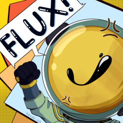  1boy anger_vein arm_up black_gloves clenched_hand ferrofluid fishbowl_helmet gloves hayde_ink jumpsuit male_focus object_head portrait reverse:1999 solo speech_bubble twitter_username ulrich_(reverse:1999) white_jumpsuit yellow_background 