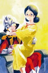  1970s_(style) 1boy 1girl alcohol bindi black_hair blonde_hair blue_eyes char_aznable combat_helmet commentary_request cup drinking_glass eye_mask glass grin gundam helmet highres lalah_sune looking_at_viewer mask military_rank_insignia military_uniform mobile_suit_gundam official_art painting_(medium) production_art promotional_art retro_artstyle scan science_fiction sitting sitting_on_lap sitting_on_person smile soldier traditional_media wine wine_glass yasuhiko_yoshikazu zeon 