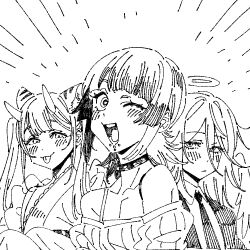 1girl 2boys :p androgynous angel angel_devil_(chainsaw_man) animal_ear_fluff animal_ears bra_strap business_suit chainsaw_man chin_piercing cho_kaguya-hime! choker collared_shirt commentary_request face_piercing formal_clothes frilled_kimono frills hair_between_eyes halo hoshi_kirara japanese_clothes jujutsu_kaisen kimono kimono_dress kkangmuu komazawa_noi korean_commentary long_hair male_focus medium_hair multicolored_hair multiple_boys open_mouth piercing shirt short_hair smile spiked_choker spikes star-shaped_pupils star_(symbol) suit symbol-shaped_pupils tiger_ears tongue tongue_out traditional_halo trap