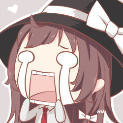  1girl alternate_hair_length alternate_hairstyle black_hat bow brown_hair chinese_commentary collared_shirt commentary crying deformed ershuiqvq hair_ribbon hat hat_bow heart long_hair long_sleeves necktie open_mouth purple_background red_necktie ribbon shirt solo teeth touhou usami_renko white_bow white_ribbon white_shirt 