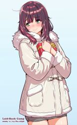  1girl blue_background blush brown_hair closed_mouth coat commentary_request cowboy_shot fur_hood gift gradient_background green_eyes grey_skirt highres holding holding_gift jagi_(jagi_souken) long_sleeves miniskirt pencil_skirt skirt smile solo straight_hair toki_ayano white_coat yurucamp 