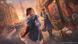  3girls absurdres armor backlighting balloon black_coif black_hat black_pants black_skirt blonde_hair blue_coat blue_neckerchief blue_shirt brick_floor brume_(reverse:1999) car chair chinstrap coat commentary coppelia_(reverse:1999) copyright_name copyright_notice cup different_reflection dutch_angle eiffel_tower english_commentary english_text european_architecture evening felicienne_(reverse:1999) food frilled_straps green_eyes hat highres holding holding_food lens_flare logo long_skirt looking_to_the_side macaron mechanical_arms medium_hair motor_vehicle multiple_girls neckerchief newsboy_cap off_shoulder official_art orange_sky outdoors pants paris plate prosthesis prosthetic_arm reflection reverse:1999 road saucer shirt shoulder_armor single_bare_shoulder single_mechanical_arm single_off_shoulder skirt sky stone_floor street table tank_top teacup walking white_tank_top window 