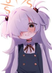  1girl absurdres blue_archive brown_ribbon diagonal-striped_ribbon dress eyeball_hair_ornament flat_chest gaganbo0913 grey_hair hair_over_one_eye halo highres kanoe_(blue_archive) looking_at_viewer multicolored_eyes open_mouth orange_halo pinafore_dress ribbon scar scar_on_neck simple_background sleeveless sleeveless_dress smile two-tone_eyes two_side_up white_background 