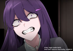  1girl bags_under_eyes clenched_teeth collared_shirt commentary_request constricted_pupils doki_doki_literature_club furrowed_brow game_screenshot_background glaring grey_jacket hair_between_eyes hair_over_shoulder head_tilt highres indoors jacket long_hair long_sidelocks partially_shaded_face purple_hair screenshot_background shirt shirt_tug sidelocks teeth tyaaaaaaba upper_body violet_eyes white_shirt yuri_(doki_doki_literature_club) 