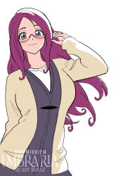  1girl artist_name bleach blonde_hair breasts cardigan commentary commission contrapposto glasses grey_cardigan grey_eyes haruko_(bleach) highres large_breasts long_hair purple_hair smile solo umbra_(edits_umbra) upper_body watermark 