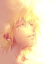  1boy blonde_hair commentary cropped_shoulders english_commentary hair_between_eyes half-closed_eyes illbewaiting kingdom_hearts kingdom_hearts_ii light_smile lowres male_focus parted_lips roxas short_hair sidelighting sketch solo spiky_hair upper_body white_background yellow_theme 
