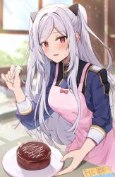  1girl absurdres alexia_midgar apron blush commentary_request cooking highres indoors kage_no_jitsuryokusha_ni_naritakute! kage_no_jitsuryokusha_ni_naritakute!_master_of_garden long_hair looking_at_viewer matsumoto_yuu midgar_academy_school_uniform mixed-language_commentary open_mouth pink_apron red_eyes school_uniform solo very_long_hair white_hair 