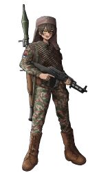  1girl absurdres ammunition_belt anahid_andranik arakhchin armenian_clothes armenian_flag boots bosnian_war brown_boots camouflage camouflage_jacket camouflage_pants commission commissioner_upload dark-skinned_female dark_skin fang fur_vest gun highres holding holding_gun holding_weapon jacket jashin_gopnik light_machine_gun looking_at_viewer machine_gun military military_combat_uniform military_fatigues military_uniform nagorno-karabakh_war non-web_source original pants republika_srpska rocket_launcher rpg-7 rpg_(weapon) rpk serbian_flag skin_fang slit_pupils soldier solo torn_clothes torn_sleeves transparent_background trigger_discipline weapon 