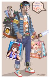  1boy absurdres anchor armband backpack bag belt belt_buckle bibi_(tokoyami_towa) black_bag black_belt blue_shirt border breast_pocket brown_background buckle carrot_hair_ornament character_name charm_(object) commentary denim eyewear_on_head facial_hair food-themed_hair_ornament glowstick hair_ornament headband highres holding holding_bag holding_glowstick hololive inugami_korone jeans kintsuba_(shiranui_flare) kiryu_coco momosuzu_nene mustache nekomata_okayu omaru_polka ookami_mio open_clothes open_shirt otaku outside_border pants pants_rolled_up paper_bag penlight_(glowstick) plaid_clothes plaid_shirt pocket scroll_tube shirakami_fubuki shirt solo speech_bubble tokino_sora tokino_sora_(1st_costume) translated white_border wristband yagoo yellow_armband yoshikawa_hiro 