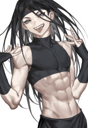  1boy abs absurdres bare_arms bare_shoulders black_gloves black_hair black_headband cbow commentary_request covered_collarbone covered_pectorals crop_top elbow_gloves envy_(fma) eyelashes fangs fingerless_gloves fingernails fullmetal_alchemist gloves headband highres long_hair male_focus navel pectorals simple_background skin_tight solo teeth tongue tongue_out violet_eyes white_background white_nails 
