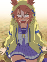  1girl animal_ears blush bow brown_hair brown_shoes commentary_request dicta_striker_(umamusume) drawstring ears_through_headwear hair_between_eyes highres ho_1000_ka hood hood_up hooded_jacket horse_ears jacket long_sleeves looking_at_viewer multicolored_hair on_ground open_clothes open_jacket open_mouth pleated_skirt puffy_long_sleeves puffy_sleeves purple_shirt purple_skirt purple_thighhighs school_uniform shirt shoes sitting skirt small_sweatdrop solo streaked_hair sweat thigh-highs tracen_school_uniform umamusume umamusume:_cinderella_gray v-shaped_eyebrows wariza white_bow white_hair wide-eyed yellow_eyes yellow_jacket 