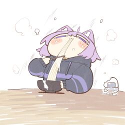  1girl :3 animal_ears black_hoodie cat_ears cat_girl chopsticks cocomayo29_(tomato) commentary eating holding holding_chopsticks hololive hood hoodie nekomata_okayu nekomata_okayu_(1st_costume) onigirya_(nekomata_okayu) purple_hair solo_focus untranslatable_commentary upper_body violet_eyes virtual_youtuber white_background 