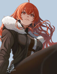  1girl absurdres aged_up ahoge ayumu_ad breasts brown_jacket brown_pants closed_mouth commentary dated eris_greyrat eyelashes fur-trimmed_hood fur_trim grey_background hair_between_eyes highres hood hood_down hooded_jacket impossible_clothes impossible_shirt jacket lips long_hair looking_at_viewer looking_down medium_breasts mushoku_tensei pants red_eyes red_hair shirt signature simple_background solo untranslatable_commentary v-shaped_eyebrows watermark wavy_hair white_shirt 