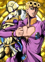  2boys anime_coloring armor blonde_hair braid braided_ponytail clothing_cutout codpiece commentary_request cowboy_shot ear_piercing giorno_giovanna giorno_giovanna's_pose gold_experience gold_skin green_eyes guutara_(mutr5724) highres jojo_no_kimyou_na_bouken jojo_pose ladybug_ornament looking_at_viewer multiple_boys muscular muscular_male no_pupils official_style parody parted_lips partial_commentary piercing pink_shirt pulling_own_clothes shirt shoulder_armor stand_(jojo) style_parody v-shaped_eyebrows vento_aureo victory_rolls violet_eyes 