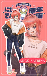  1girl :d ange_katrina ange_katrina_(casual) ankle_boots anniversary belt black_choker black_jacket blue_eyes blue_pants blush boots brown_belt character_name choker commentary contrapposto denim doidamon earrings english_text full_body gold_earrings hair_intakes hand_on_own_hip highres jacket jeans jewelry looking_at_viewer mixed-language_text nijisanji off_shoulder open_clothes open_jacket orange_jacket outline pants pendant_choker pink_background quilted_jacket red_hair ring shirt shirt_tucked_in sleeves_past_wrists smile standing t-shirt teeth torn_clothes torn_jeans torn_pants translation_request two-sided_fabric two-sided_jacket upper_teeth_only virtual_youtuber white_boots white_outline white_shirt wolf_cut zoom_layer 
