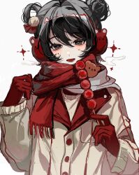  1girl black_eyes black_hair buttons chinese_commentary coat commentary_request double_bun earmuffs food gloves hair_between_eyes hair_bun hands_up highres holding holding_food jing_qiu123 li_yuting_(female) looking_at_viewer lower_teeth_only mole mole_under_each_eye mole_under_eye multiple_moles open_mouth rabbit_earmuffs red_gloves red_scarf scarf shirt simple_background smile solo sparkle sweets tanghulu teeth touqi_guaitan upper_body white_background white_coat white_shirt 