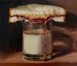  bread bread_slice cup drinking_glass food food_focus highres jam milk no_humans noah_verrier oil_painting_(medium) original painting_(medium) peanut_butter_and_jelly_sandwich sandwich still_life traditional_media 