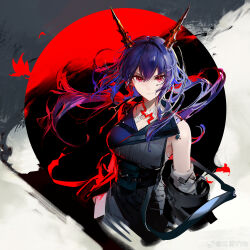  1girl arknights bare_shoulders blue_sky ch'en_(arknights) ch'en_the_dawnstreak_(arknights) closed_mouth detached_sleeves dragon_girl dragon_horns eastern_dragon_horns hair_between_eyes hashtag-only_commentary highres horns long_hair looking_at_viewer official_artist_extra red_eyes sidelocks sky solo upper_body watermark weibo_username weibo_watermark yyb 