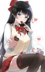  1girl absurdres black_hair black_thighhighs blue_eyes bow bowtie box braid chocolate collared_shirt commentary food food_in_mouth food_on_face frilled_skirt frills gift gift_box haedungi_(shirayuki_hina) hair_ornament hair_ribbon heart heart-shaped_box heart_hair_ornament highres holding holding_chocolate holding_food long_hair long_sleeves plaid_clothes plaid_skirt pleated_skirt prock red_bow red_bowtie red_ribbon red_skirt ribbon shirayuki_hina shirt simple_background sitting skirt spoken_heart stellive sweater_vest thigh-highs untranslatable_commentary valentine very_long_hair virtual_youtuber white_background white_shirt yellow_sweater_vest zettai_ryouiki 