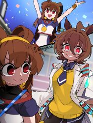  2girls absurdres agnes_tachyon_(tach-nology)_(umamusume) agnes_tachyon_(umamusume) ahoge animal_ears artist_name bongftah brown_hair character_request commentary copyright_request crazy_smile hands_up highres holding holding_test_tube horse_ears horse_girl lab_coat looking_at_another looking_back medal multiple_girls red_eyes short_hair smile sweater_vest test_tube twintails umamusume untranslatable_commentary yellow_sweater_vest 