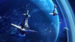  blue_theme commentary english_commentary from_above highres original planet planetary_ring raphael-lacoste scenery science_fiction signature sky space spacecraft star_(sky) starry_sky 